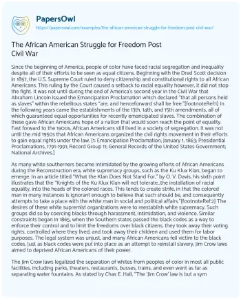 Essay on The African American Struggle for Freedom Post Civil War