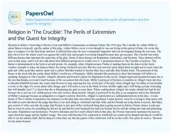 Essay on Religion in ‘The Crucible’: the Perils of Extremism and the Quest for Integrity