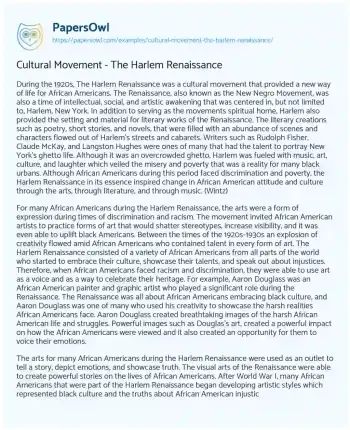 Essay on Cultural Movement – the Harlem Renaissance