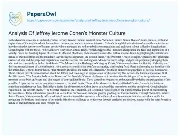 Essay on Analysis of Jeffrey Jerome Cohen’s Monster Culture