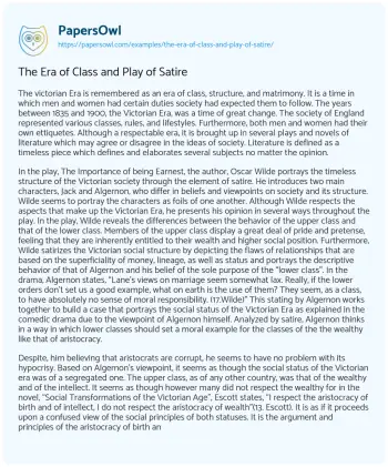 Essay on The Era of Class and Play of Satire