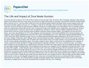 Essay on The Life and Impact of Zora Neale Hurston