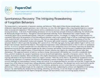 Essay on Spontaneous Recovery: the Intriguing Reawakening of Forgotten Behaviors