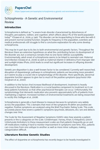 Essay on Schizophrenia – a Genetic and Environmental Review