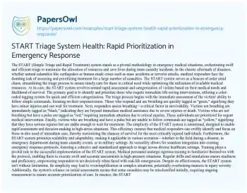 Essay on START Triage System Health: Rapid Prioritization in Emergency Response