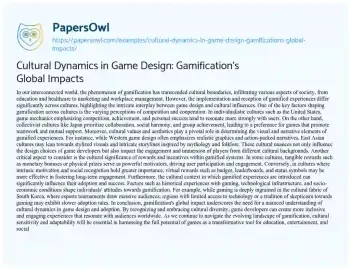 Essay on Cultural Dynamics in Game Design: Gamification’s Global Impacts