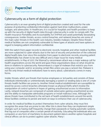 Essay on Cybersecurity as a Form of Digital Protection