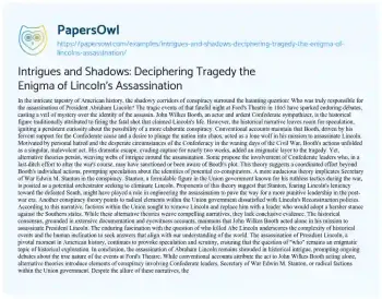 Essay on Intrigues and Shadows: Deciphering Tragedy the Enigma of Lincoln’s Assassination