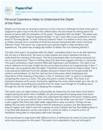 Essay on Personal Experience Helps to Understand the Depth of the Poem