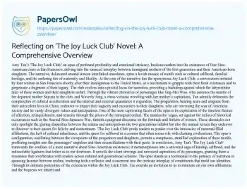 Essay on Reflecting on ‘The Joy Luck Club’ Novel: a Comprehensive Overview