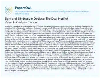 Essay on Sight and Blindness in Oedipus: the Dual Motif of Vision in Oedipus the King