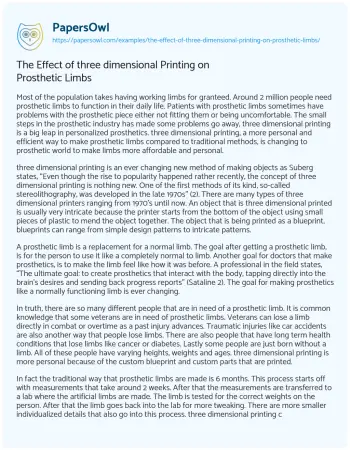 Essay on The Effect of Three Dimensional Printing on Prosthetic Limbs