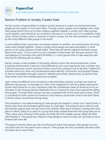 Essay on Racism Problem in Society Creates Hate