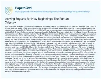 Essay on Leaving England for New Beginnings: the Puritan Odyssey