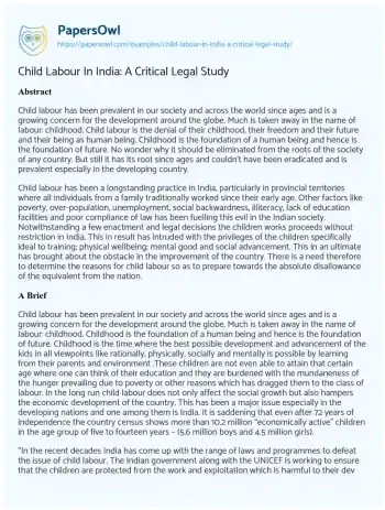 Essay on Child Labour in India: a Critical Legal Study