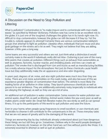 Essay on A Discussion on the Need to Stop Pollution and Littering