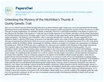 Essay on Unlocking the Mystery of the Hitchhiker’s Thumb: a Quirky Genetic Trait