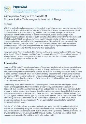 Essay on A Comparitive Study of LTE Based M M Communication Technologies for Internet of Things