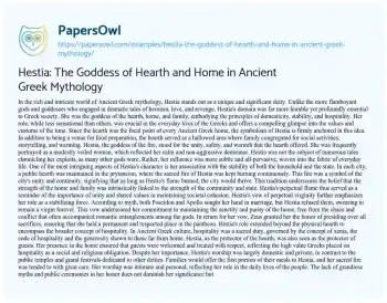 Essay on Hestia: the Goddess of Hearth and Home in Ancient Greek Mythology