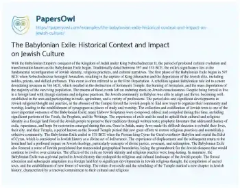 Essay on The Babylonian Exile: Historical Context and Impact on Jewish Culture