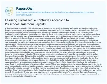 Essay on Learning Unleashed: a Contrarian Approach to Preschool Classroom Layouts