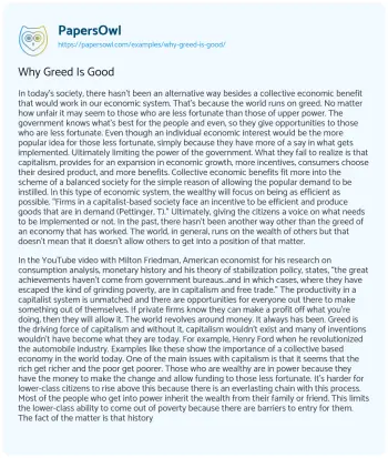 Essay on Why Greed is Good