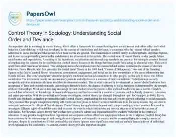 Essay on Control Theory in Sociology: Understanding Social Order and Deviance