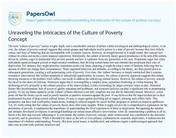 Essay on Unraveling the Intricacies of the Culture of Poverty Concept