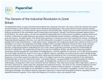 Essay on The Genesis of the Industrial Revolution in Great Britain