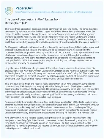 Essay on The Use of Persuasion in the “ Letter from Birmingham Jail”  