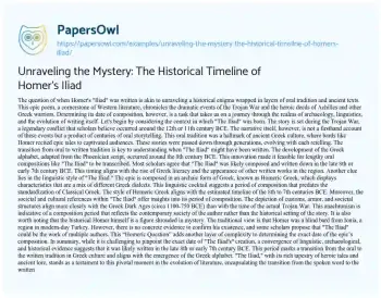 Essay on Unraveling the Mystery: the Historical Timeline of Homer’s Iliad