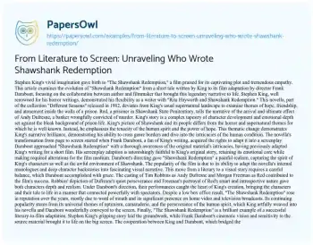 Essay on From Literature to Screen: Unraveling who Wrote Shawshank Redemption