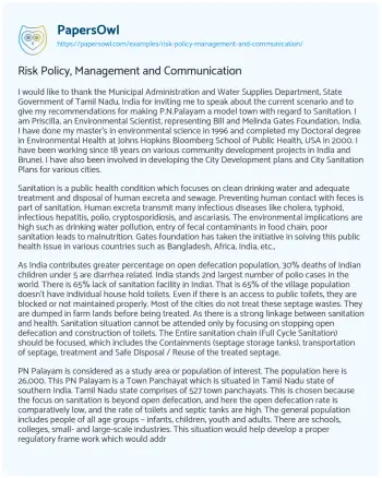 Essay on Risk Policy, Management and Communication