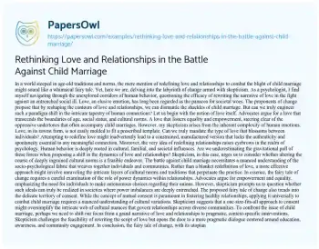 Essay on Rethinking Love and Relationships in the Battle against Child Marriage