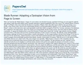 Essay on Blade Runner: Adapting a Dystopian Vision from Page to Screen