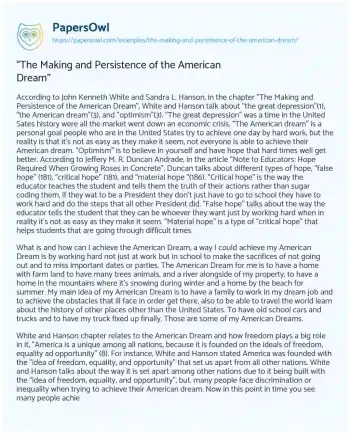 Essay on “The Making and Persistence of the American Dream”