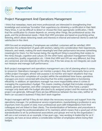 Essay on Project Management and Operations Management