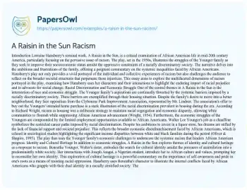 Essay on A Raisin in the Sun Racism