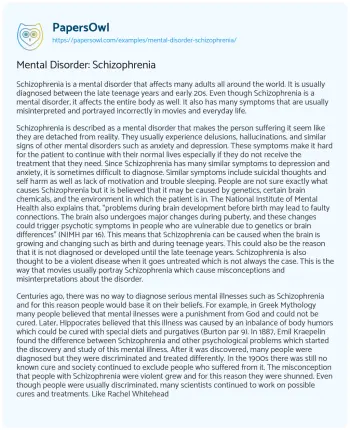 Essay on Mental Disorder: Schizophrenia