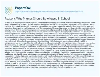 Essay on Reasons why Phones should be Allowed in School