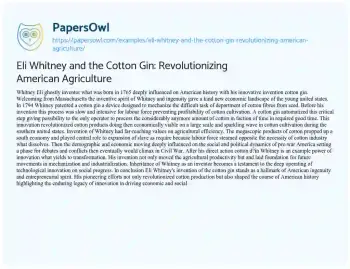 Essay on Eli Whitney and the Cotton Gin: Revolutionizing American Agriculture