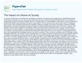 Essay on The Impact of a Nurse on Society