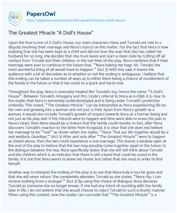 Essay on The Greatest Miracle “A Doll’s House”