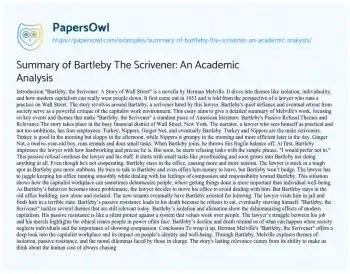 Essay on Summary of Bartleby the Scrivener: an Academic Analysis