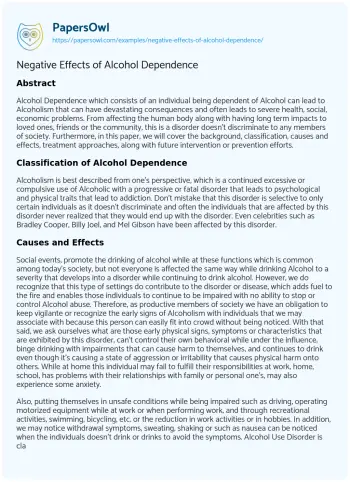 Essay on Negative Effects of Alcohol Dependence