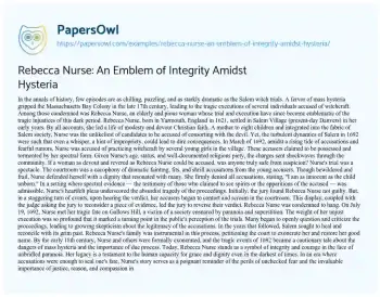 Essay on Rebecca Nurse: an Emblem of Integrity Amidst Hysteria