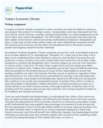 Essay on Today’s Economic Climate