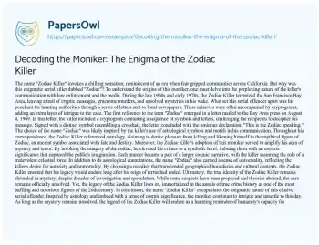 Essay on Decoding the Moniker: the Enigma of the Zodiac Killer