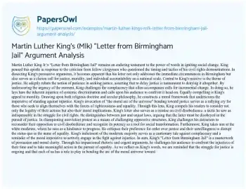 Essay on Martin Luther King’s (Mlk) “Letter from Birmingham Jail” Argument Analysis