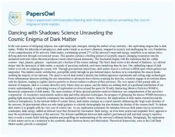 Essay on Dancing with Shadows: Science Unraveling the Cosmic Enigma of Dark Matter